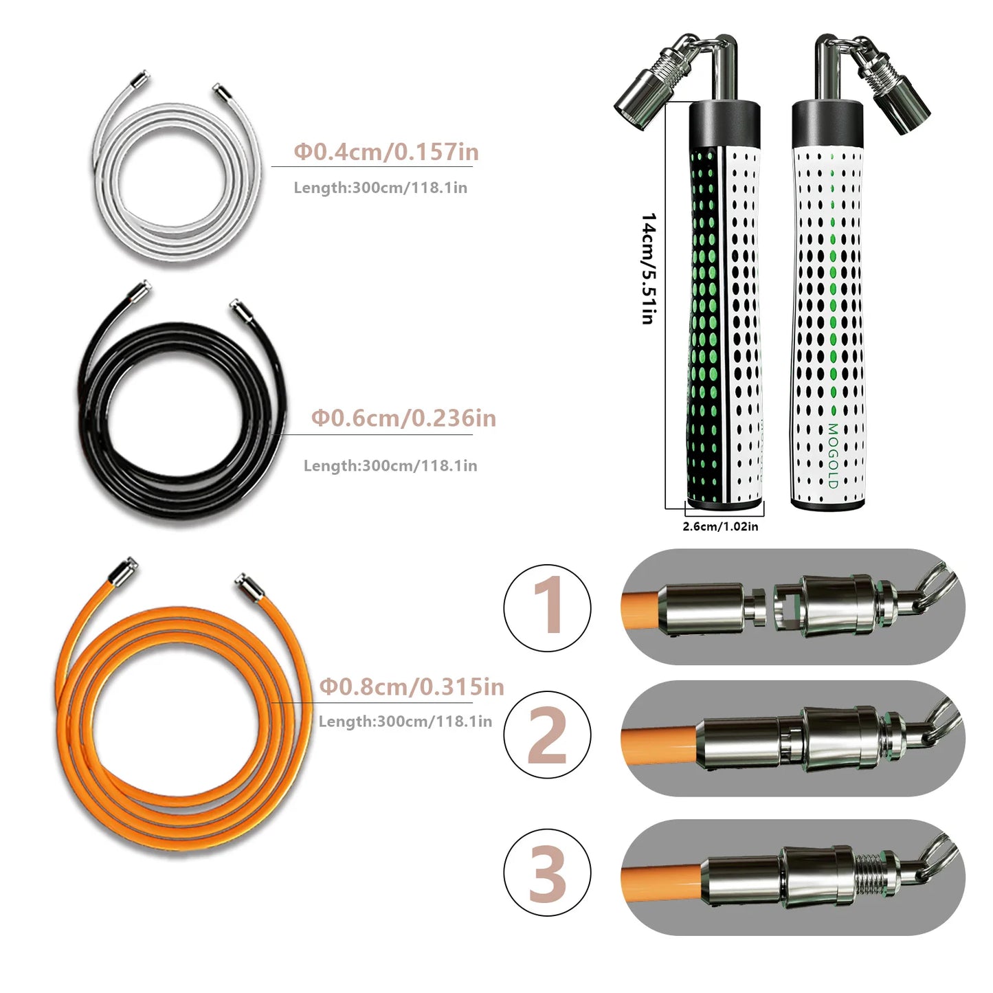 MOGOLD White Design Jump Rope Kit - 3-in-1 Adjustable Ropes for Speed, Fitness & Power Training